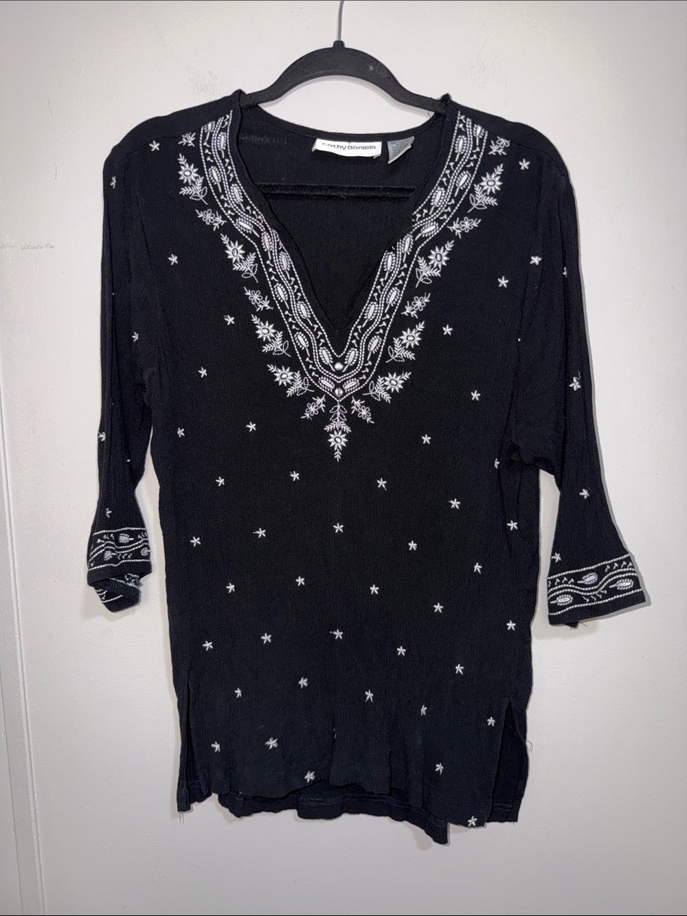 Cathy Daniels Black Tunic with White Embroidered V-Neck Detail